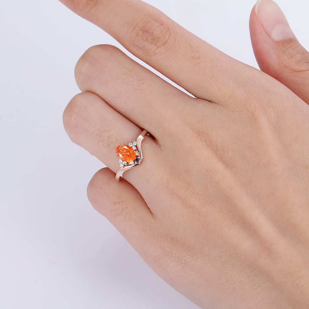 Minimalist Oval Natural Orange Sunstone Engagement Ring Unique Promise Anniversary Bridal Ring - Esdomera