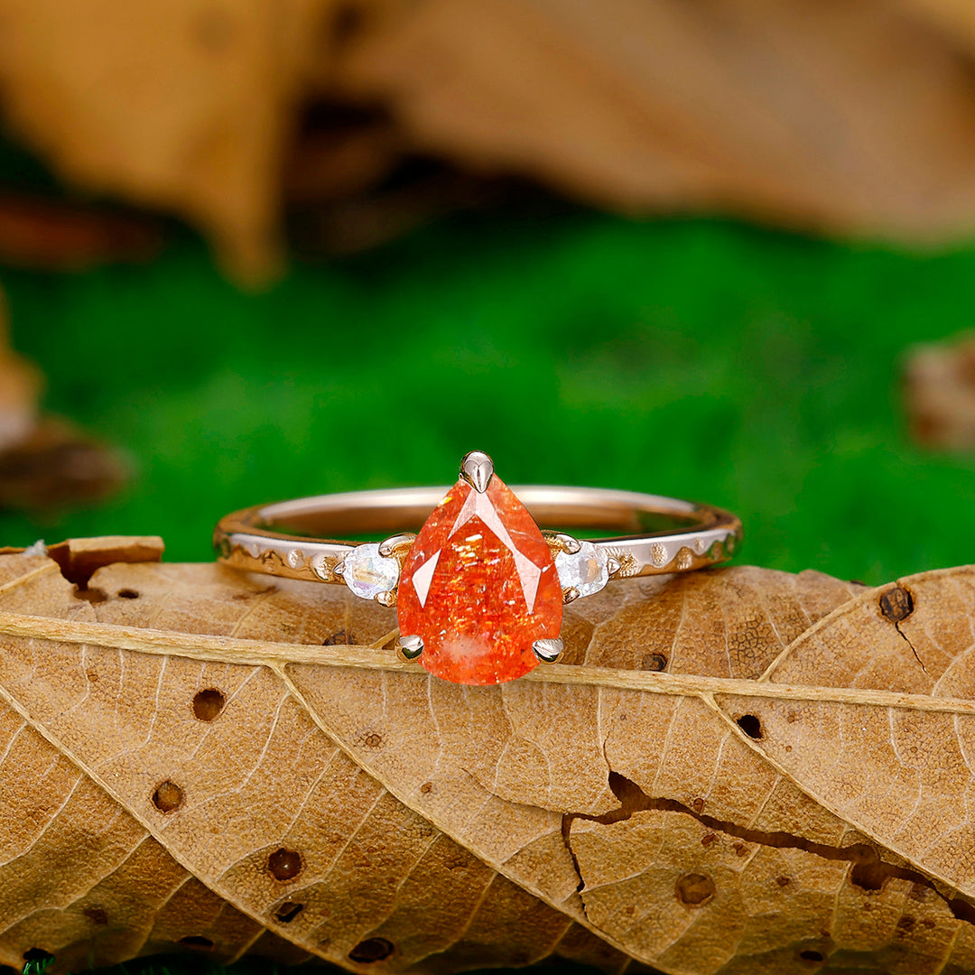 Minimalist Pear Cut Hammered Orange Sunstone Engagement Ring Promise Bridal Ring - Esdomera