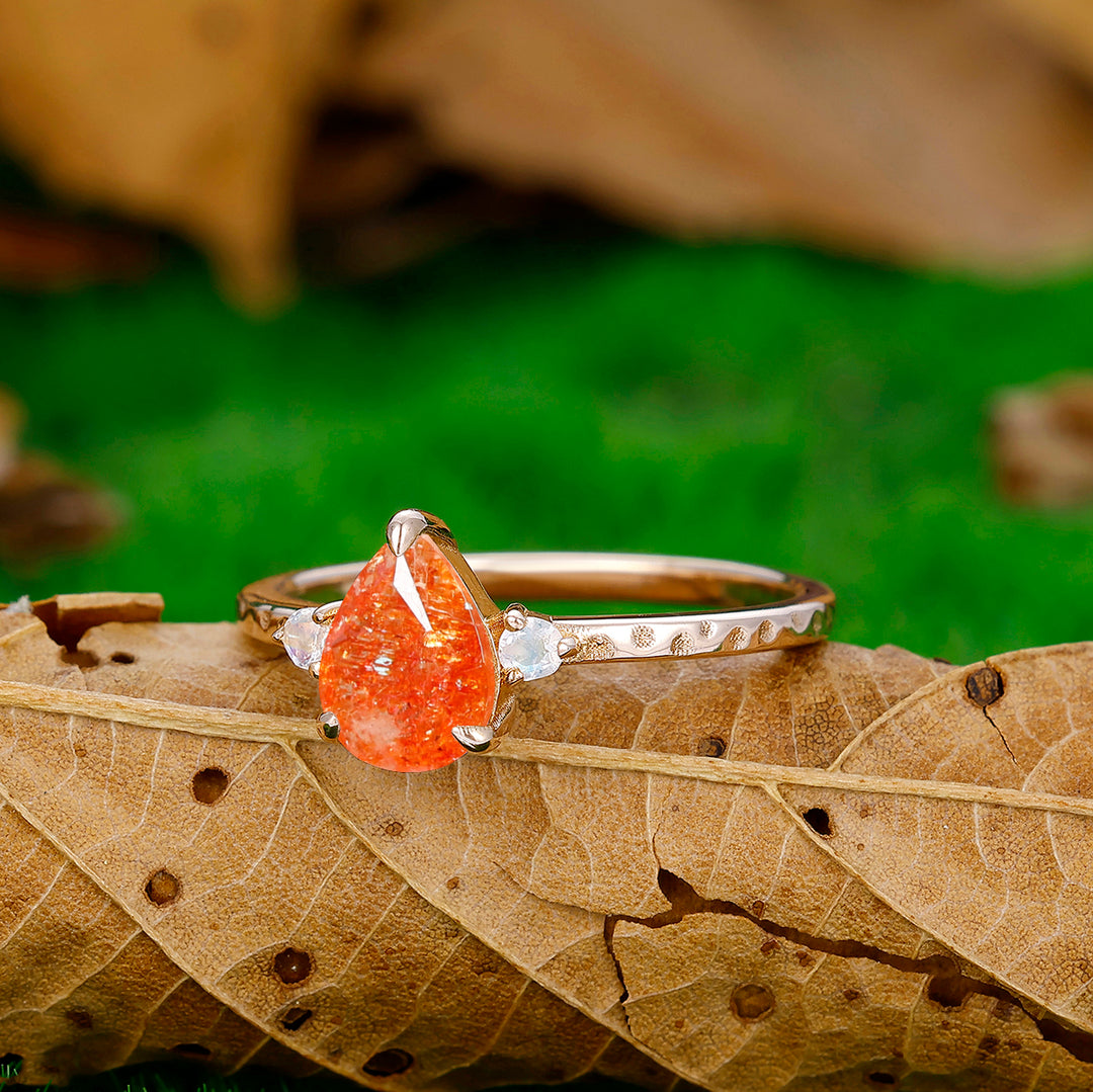 Minimalist Pear Cut Hammered Orange Sunstone Engagement Ring Promise Bridal Ring - Esdomera