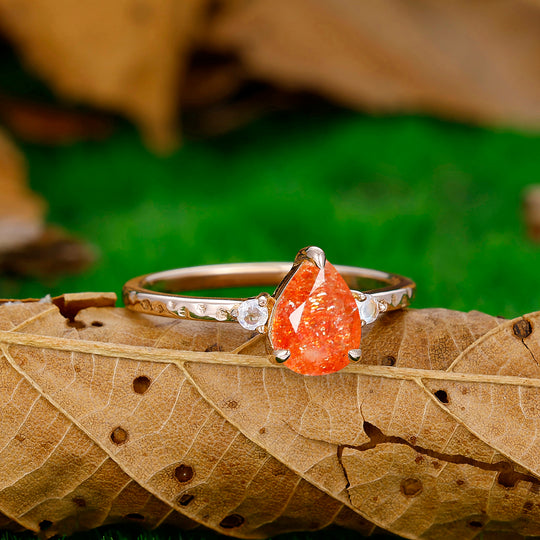 Minimalist Pear Cut Hammered Orange Sunstone Engagement Ring Promise Bridal Ring - Esdomera