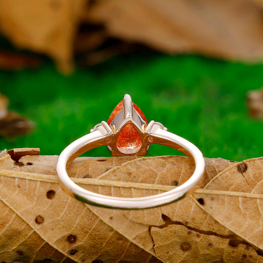 Minimalist Pear Cut Hammered Orange Sunstone Engagement Ring Promise Bridal Ring - Esdomera