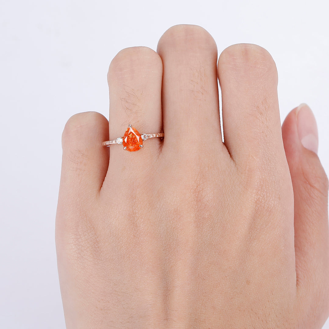 Minimalist Pear Cut Hammered Orange Sunstone Engagement Ring Promise Bridal Ring - Esdomera