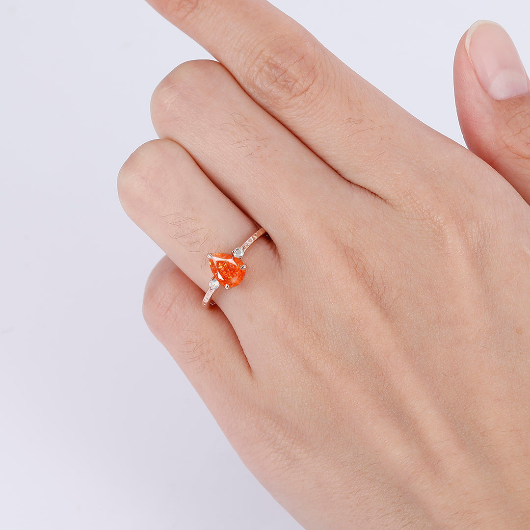 Minimalist Pear Cut Hammered Orange Sunstone Engagement Ring Promise Bridal Ring - Esdomera