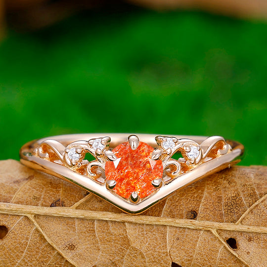 Minimalist Pear Cut Hammered Orange Sunstone Vines Branches Engagement Ring Promise Bridal Ring - Esdomera