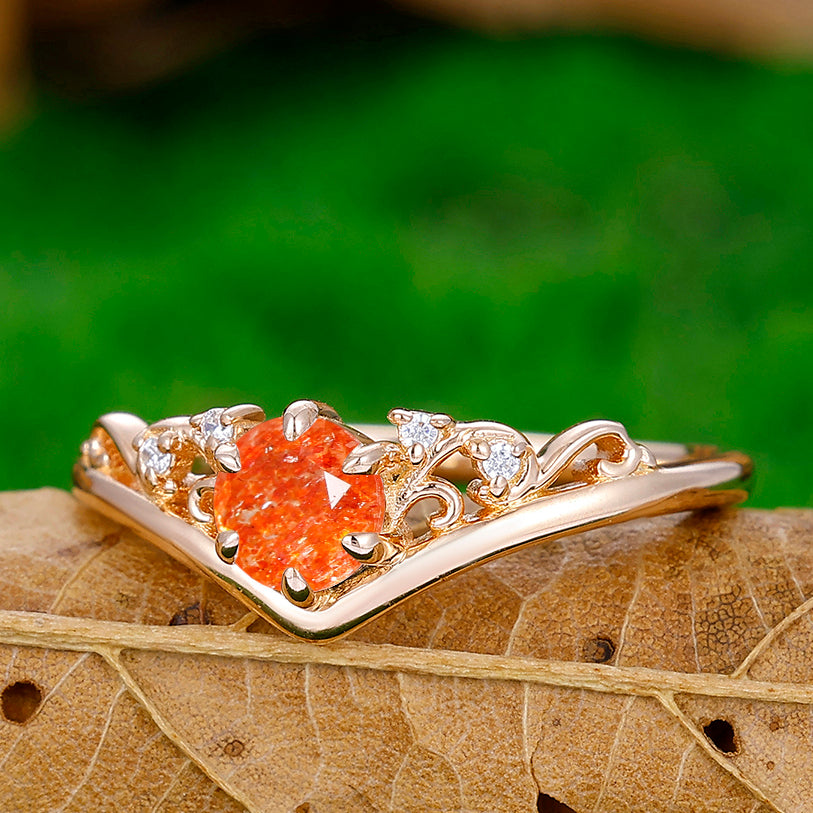 Minimalist Pear Cut Hammered Orange Sunstone Vines Branches Engagement Ring Promise Bridal Ring - Esdomera