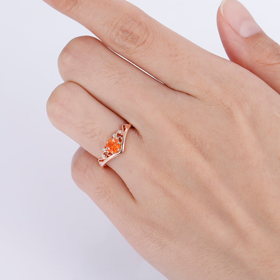 Minimalist Pear Cut Hammered Orange Sunstone Vines Branches Engagement Ring Promise Bridal Ring - Esdomera