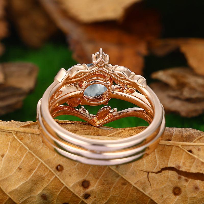 Minimalist Round Shaped Aquamarine twig and leaf Ring Set - Esdomera