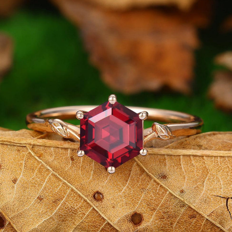 Minimalist twig 1.35 CT Hexagon Cut Natural Red Garnet 14k Gold Solitaire Ring - Esdomera