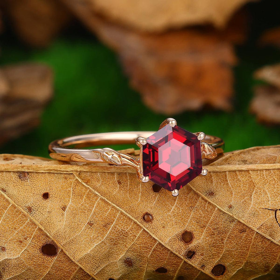 Minimalist twig 1.35 CT Hexagon Cut Natural Red Garnet 14k Gold Solitaire Ring - Esdomera
