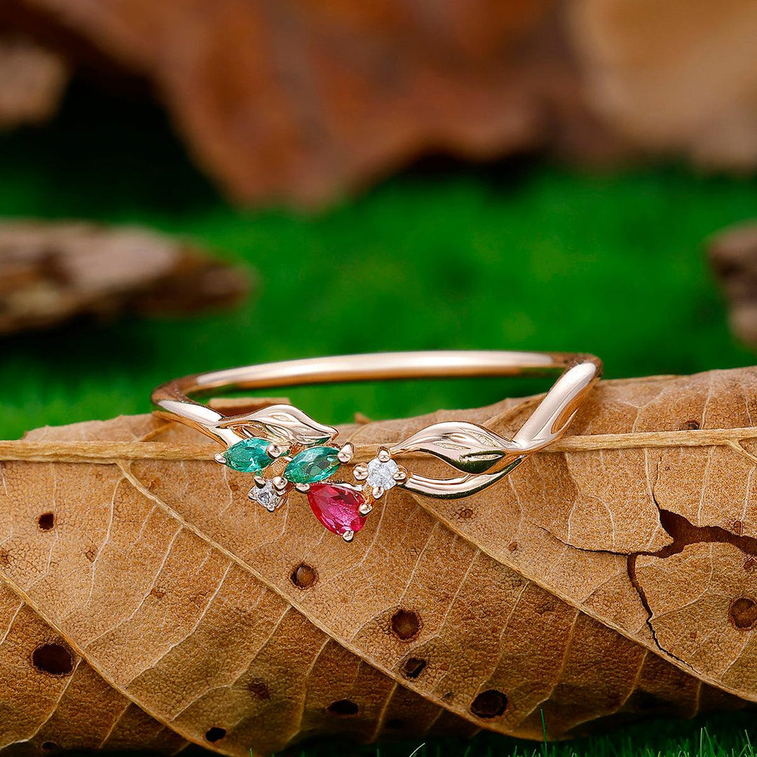 Minimalist Twig and Leaf Ruby Unique Sliver & Gold Gemstone Leaf Curved Wedding Band - Esdomera