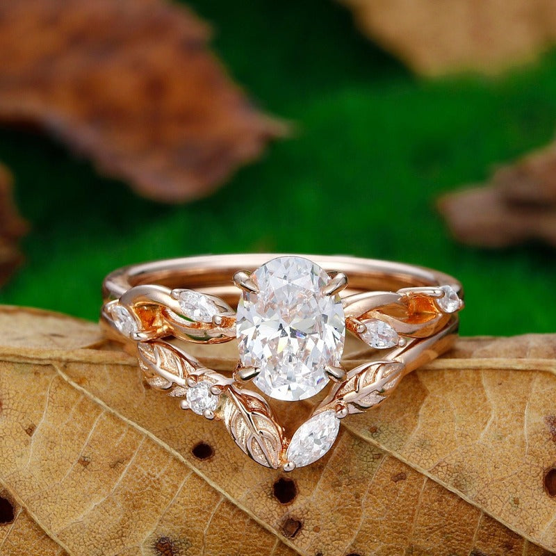 Moissanite Engagement Ring Set Oval Cut 1.5Carat Twisted Unqiue Leaf Vine Bridal Set - Esdomera