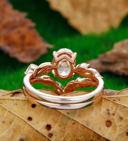 Moissanite Engagement Ring Set Oval Cut 1.5Carat Twisted Unqiue Leaf Vine Bridal Set - Esdomera