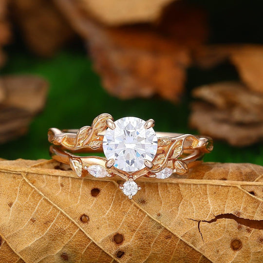 Moissanite Rose Gold Round Shaped 1.25CT Leaf Vine Ring Wedding Ring Set - Esdomera