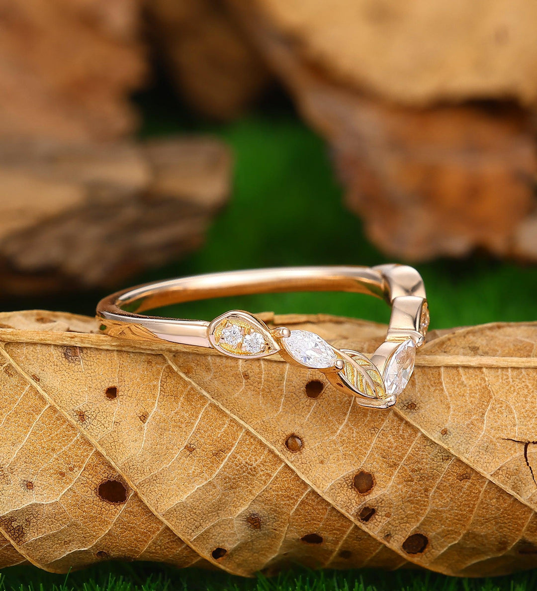 moissanite wedding band leaf rose gold stacking matching ring vintage dainty wedding band - Esdomera