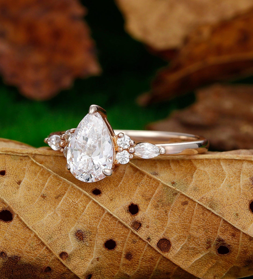 Moissanites Cluster Engagement Ring Prong Set Pear Cut 1.5Carat Moissanite Wedding Ring Art Deco 14k Rose Gold Valentine Gift - Esdomera