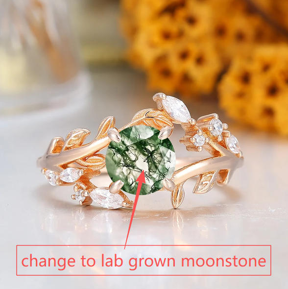Custom Order - Leaf Motif Round Cut Moonstone Women Ring
