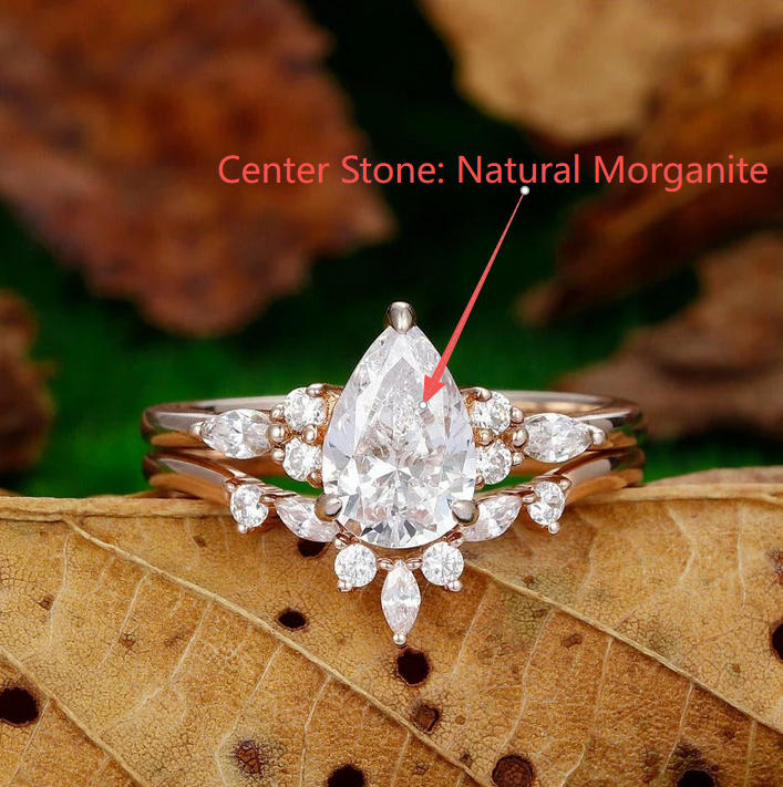 Ordine Personalizzato - Anello di Fidanzamento in Oro Rosa con Morganite Naturale Rosa a Forma di Pera da 1,5 Carati Set