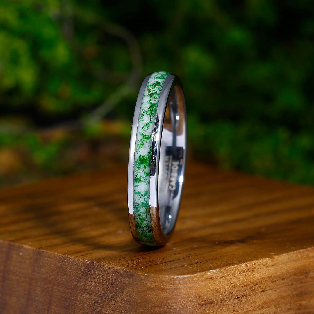 Green Moss Agate Inlaid Tungsten Ring 8mm 4mm Men's Engagement Ring Promise Ring