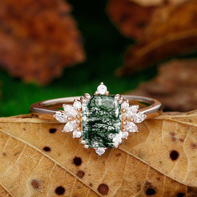 Moss Agate Ring Emerald Cut 2CT Moss Agate Rose Gold Unique Floral Halo Engagement Ring - Esdomera