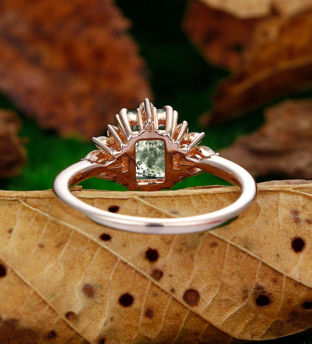 Moss Agate Ring Emerald Cut 2CT Moss Agate Rose Gold Unique Floral Halo Engagement Ring - Esdomera