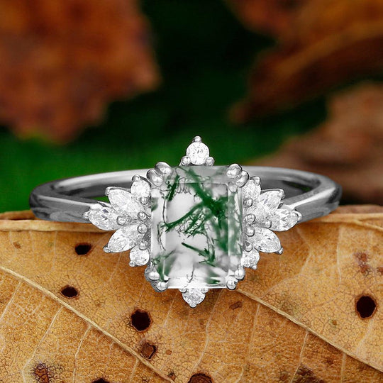 Moss Agate Ring Emerald Cut 2CT Moss Agate Rose Gold Unique Floral Halo Engagement Ring - Esdomera