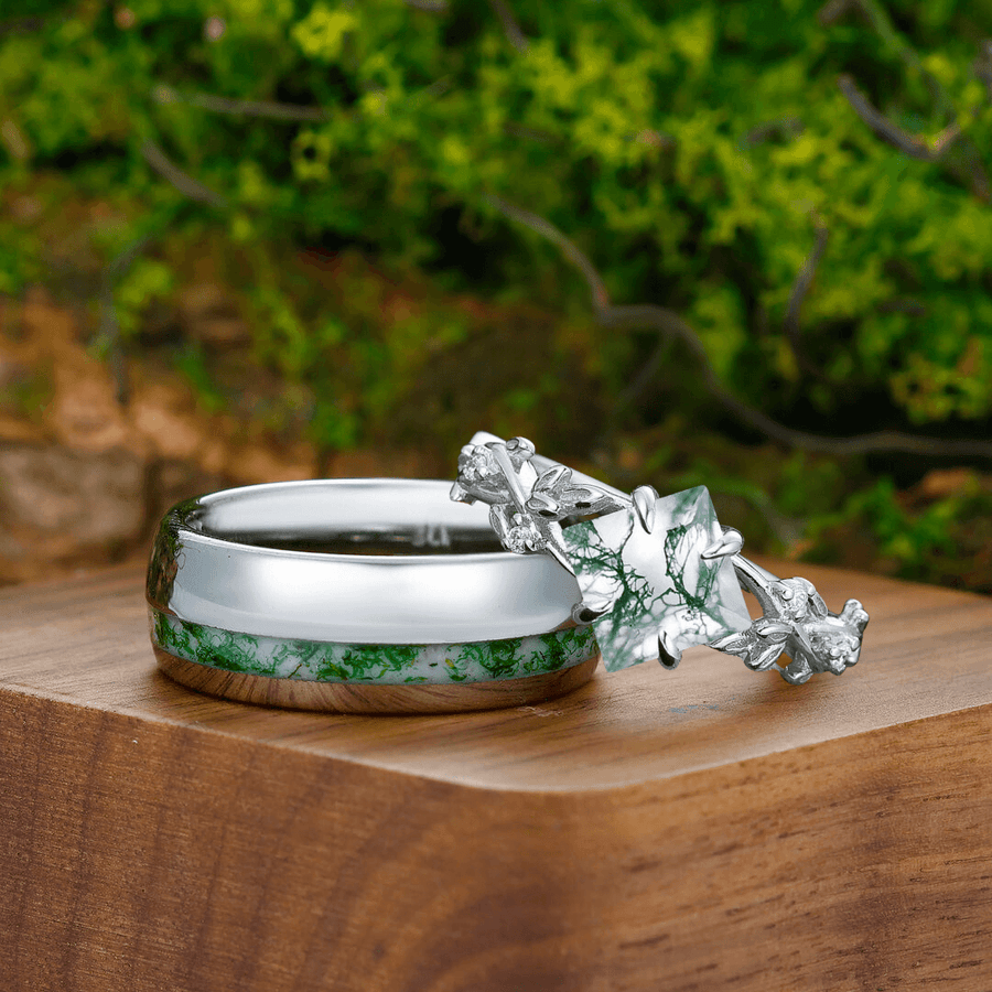 Moss Agate Rings for Couples Leaf 925 Sterling Silver And Dome Polished Tungsten Matching Ring - Esdomera