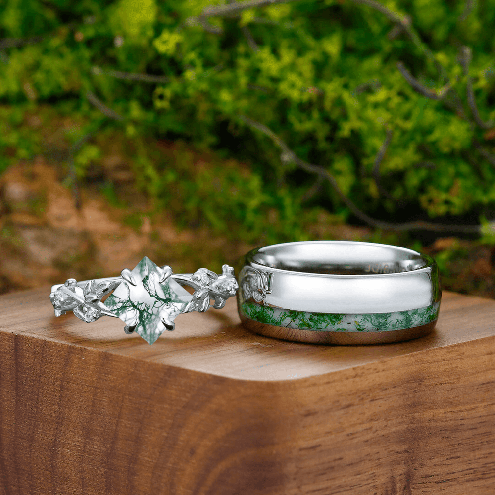 Moss Agate Rings for Couples Leaf 925 Sterling Silver And Dome Polished Tungsten Matching Ring - Esdomera