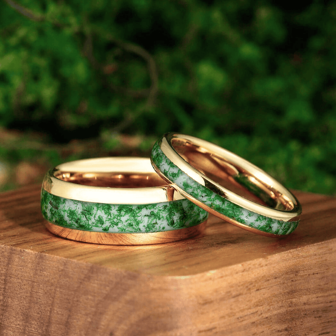 Moss Agate Tungsten 8 mm 4 mm His and Hers Wedding Band Yellow Gold Unisex Ring Set - Esdomera