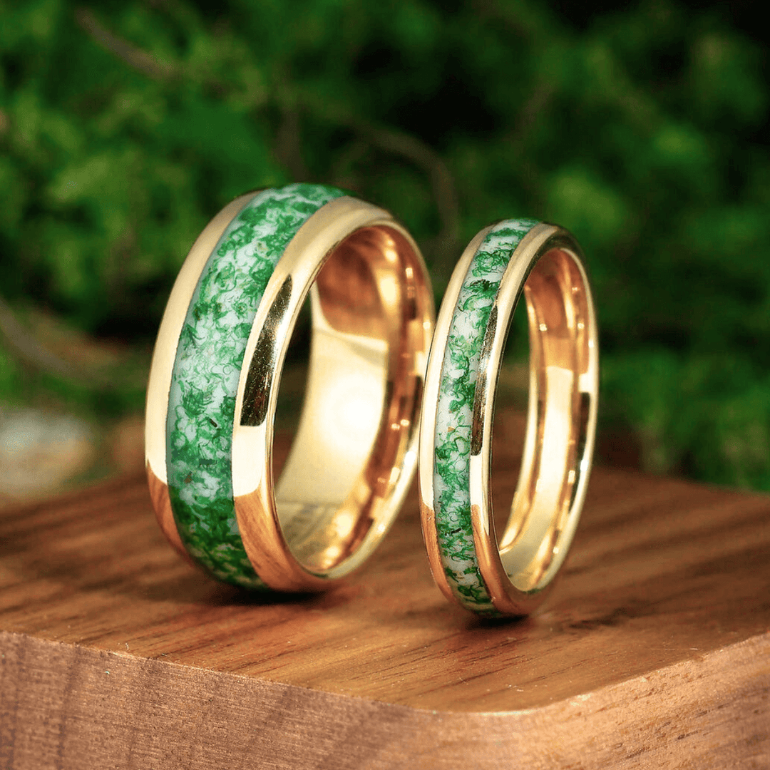 Moss Agate Tungsten 8 mm 4 mm His and Hers Wedding Band Yellow Gold Unisex Ring Set - Esdomera