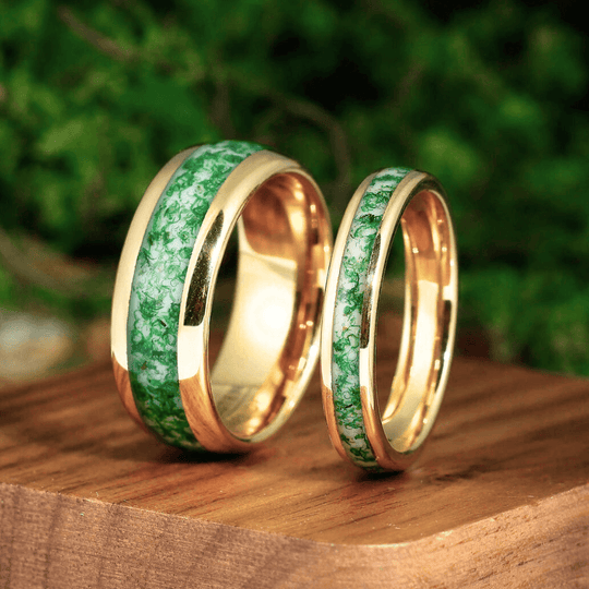 Moss Agate Tungsten 8 mm 4 mm His and Hers Wedding Band Yellow Gold Unisex Ring Set - Esdomera