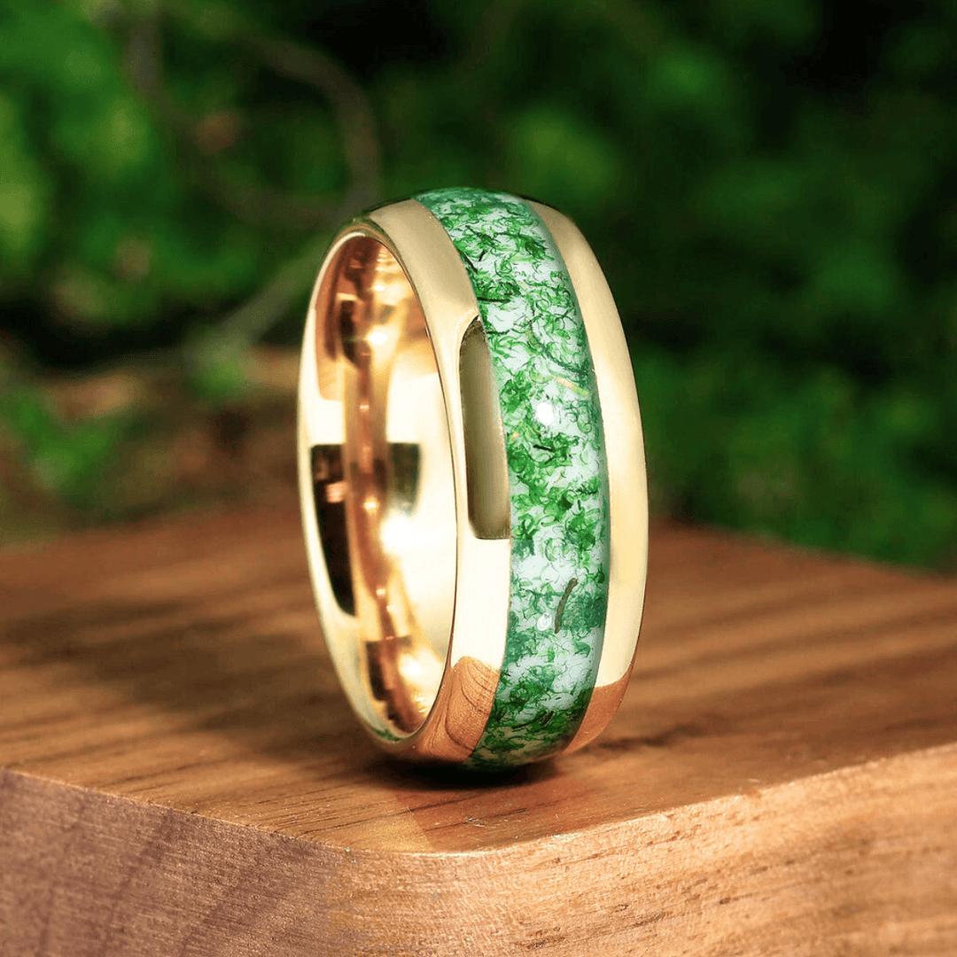 Moss Agate Tungsten 8 mm 4 mm His and Hers Wedding Band Yellow Gold Unisex Ring Set - Esdomera