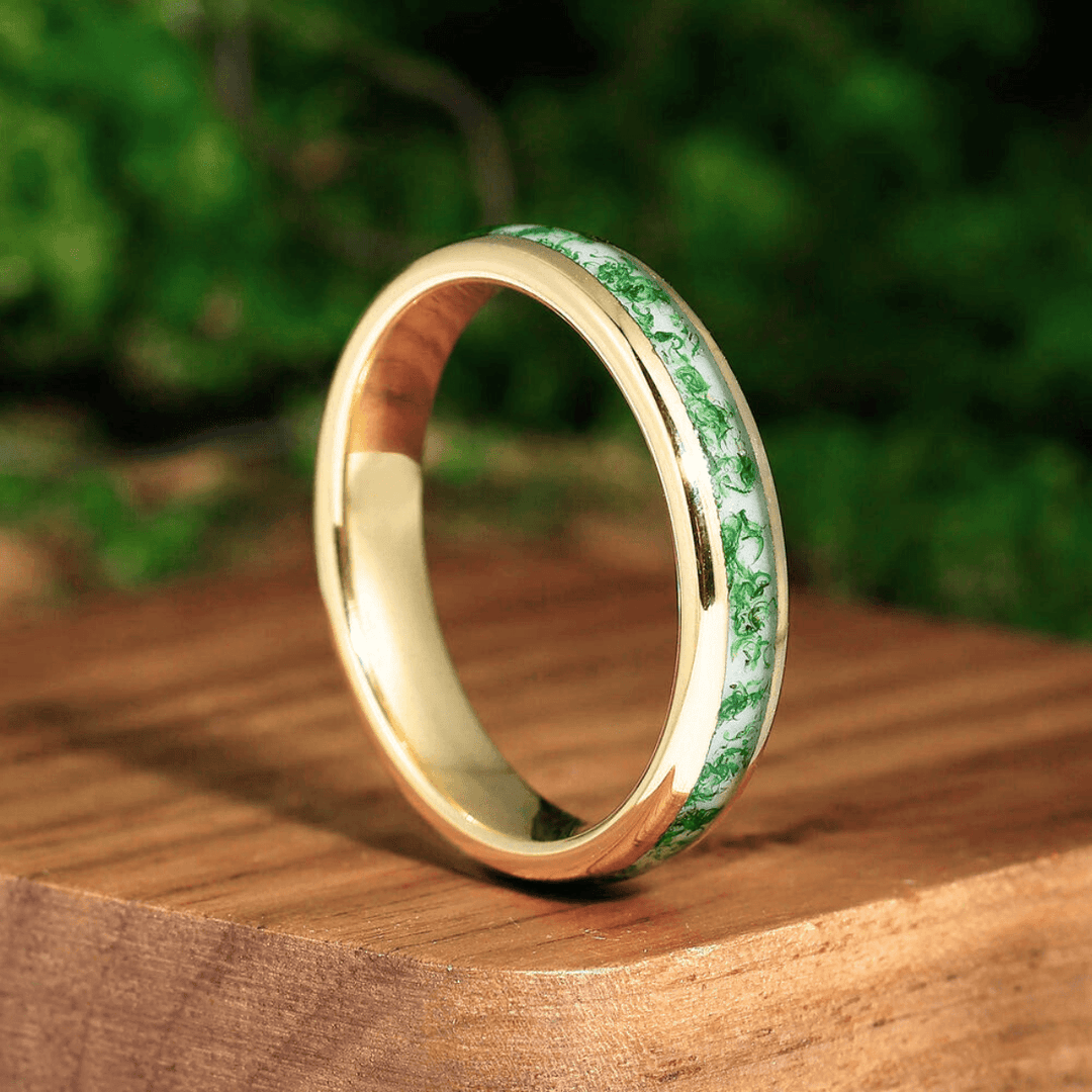 Moss Agate Tungsten 8 mm 4 mm His and Hers Wedding Band Yellow Gold Unisex Ring Set - Esdomera