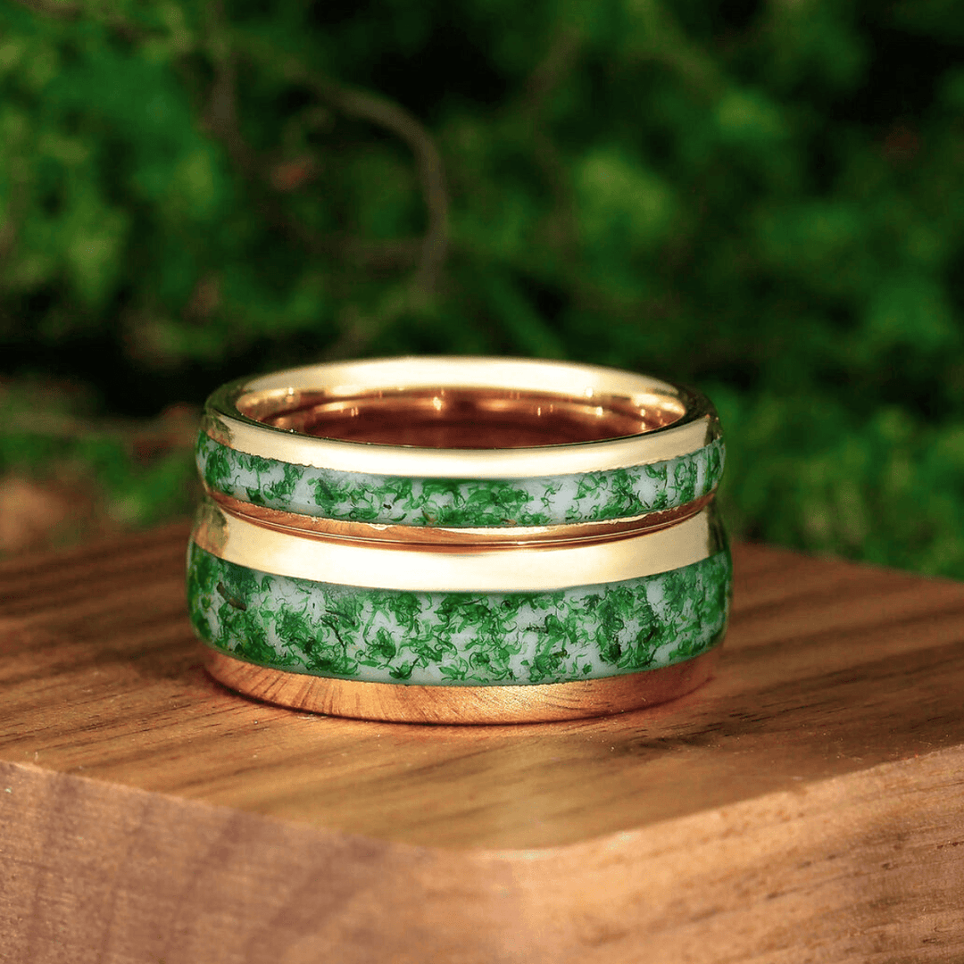 Moss Agate Tungsten 8 mm 4 mm His and Hers Wedding Band Yellow Gold Unisex Ring Set - Esdomera