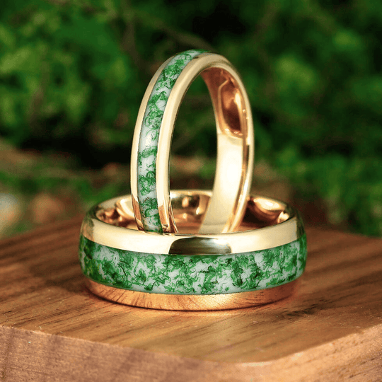 Moss Agate Tungsten 8 mm 4 mm His and Hers Wedding Band Yellow Gold Unisex Ring Set - Esdomera