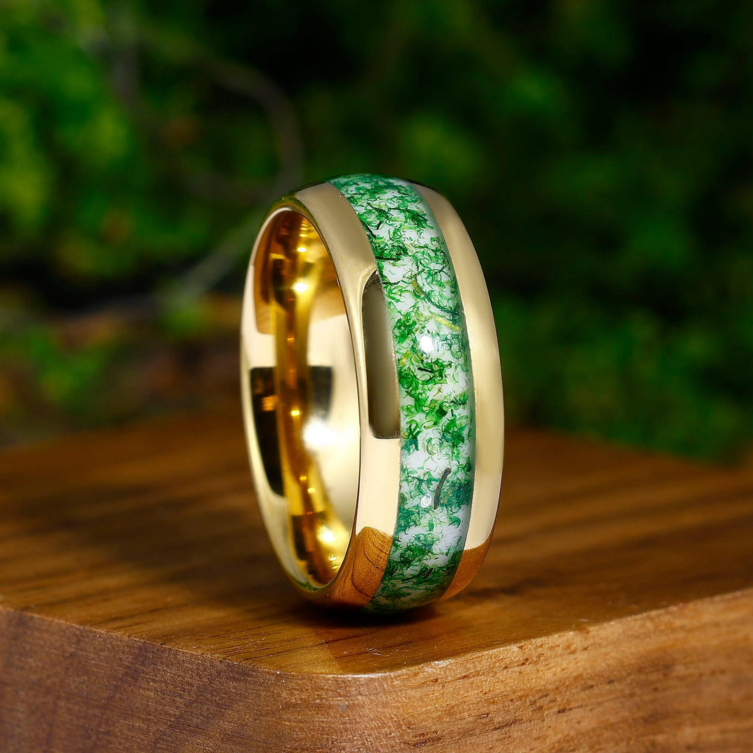 Moss Agate Tungsten 8 & 4 mm His and Hers Wedding band Yellow Gold Vermeil Unsex Ring Set - Esdomera