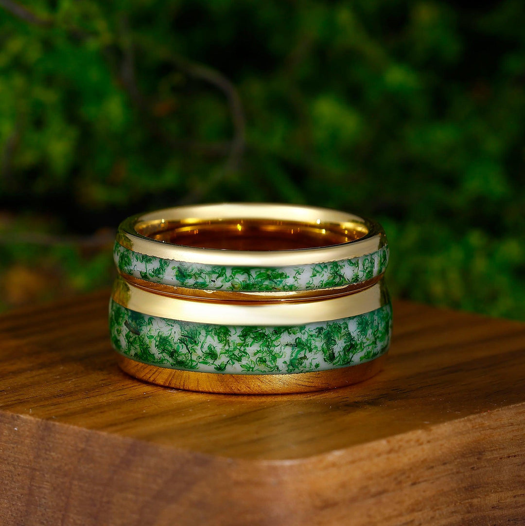 Moss Agate Tungsten 8 & 4 mm His and Hers Wedding band Yellow Gold Vermeil Unsex Ring Set - Esdomera