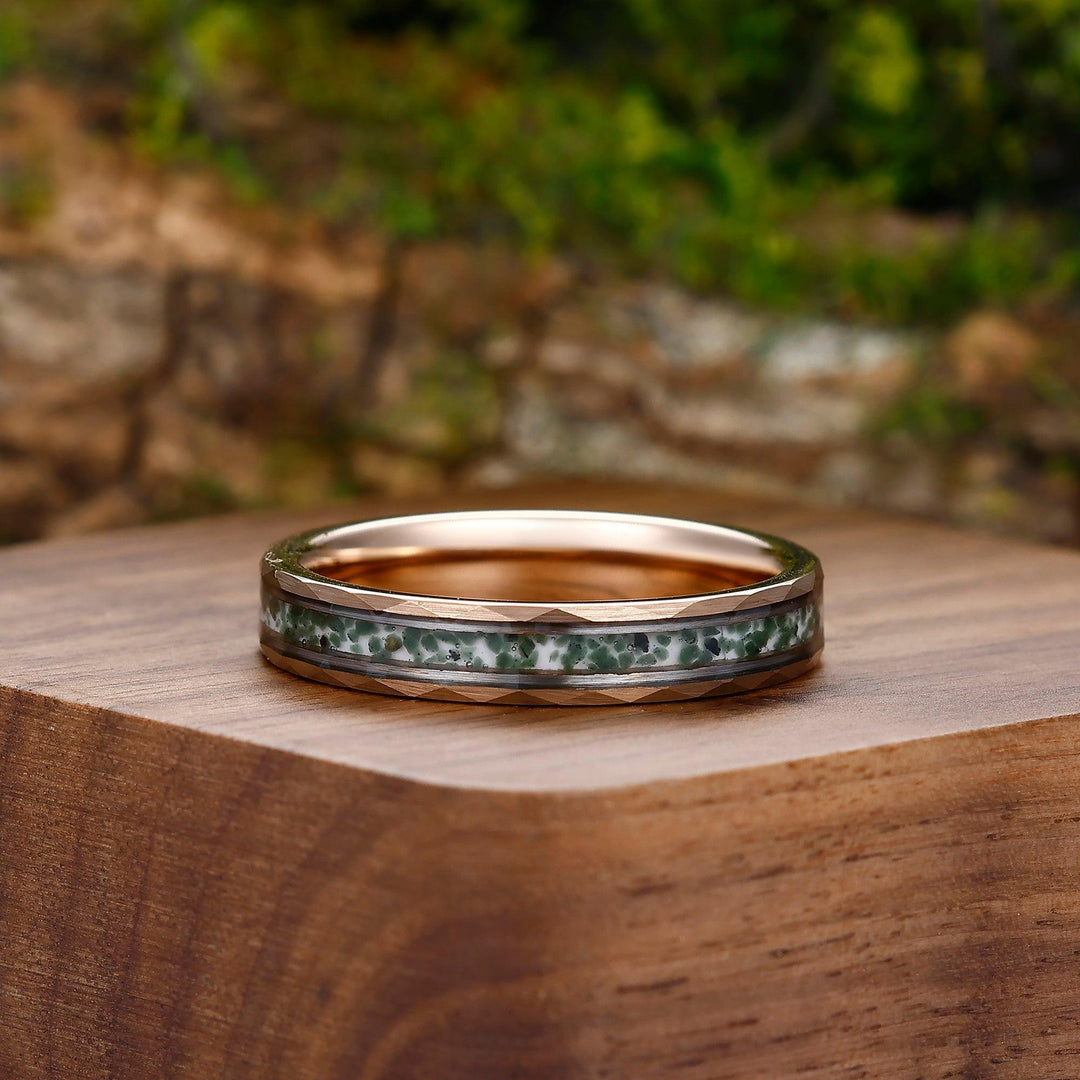 Moss Agate Inlaid Hammer Rose Gold Tungsten Wedding Ring Men’ s Unisex Ring