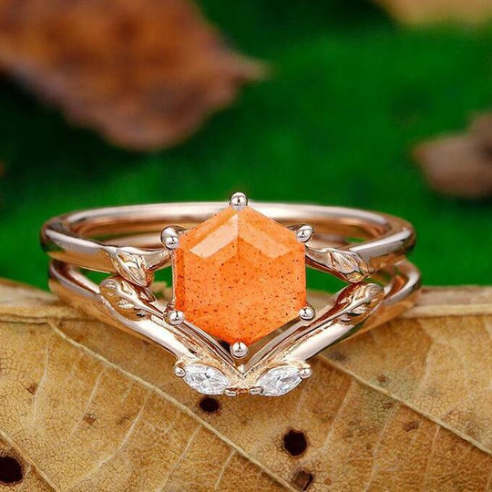 Natural 1.35 CT Hexagon Cut Solitaire orange Sunstone Engagement Ring Set