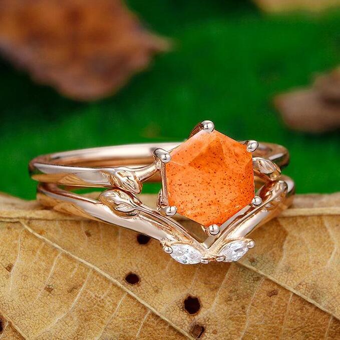 Natural 1.35 CT Hexagon Cut Solitaire orange Sunstone Engagement Ring Set