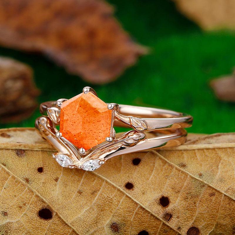 Natural 1.35 CT Hexagon Cut Solitaire orange Sunstone Engagement Ring Set - Esdomera