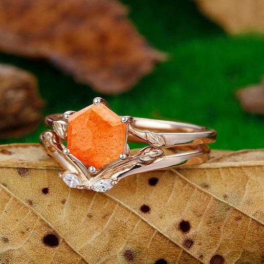 Natural 1.35 CT Hexagon Cut Solitaire orange Sunstone Engagement Ring Set - Esdomera