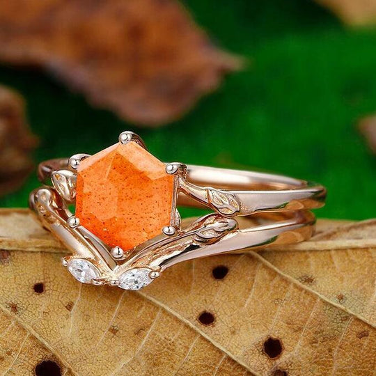 Natural 1.35 CT Hexagon Cut Solitaire orange Sunstone Engagement Ring Set