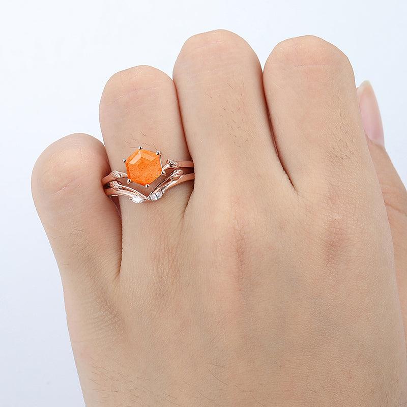 Natural 1.35 CT Hexagon Cut Solitaire orange Sunstone Engagement Ring Set