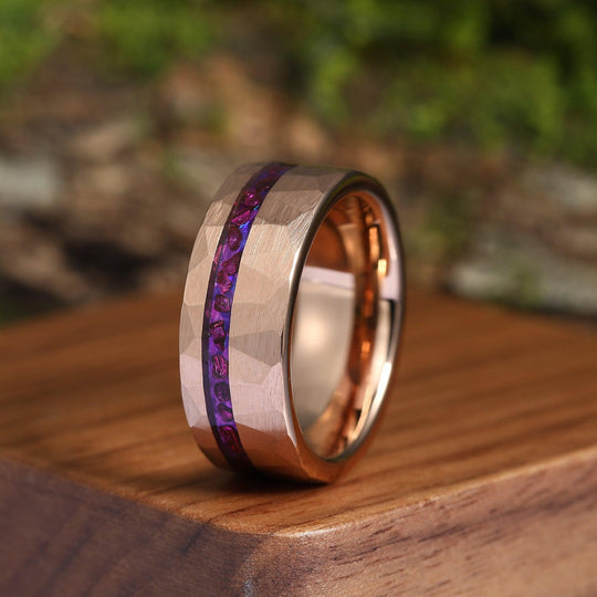 Natural Amethyst Tungsten Men’s Wedding Ring 8mm Hammer Rose Gold Ring For Birthday Gift - Esdomera