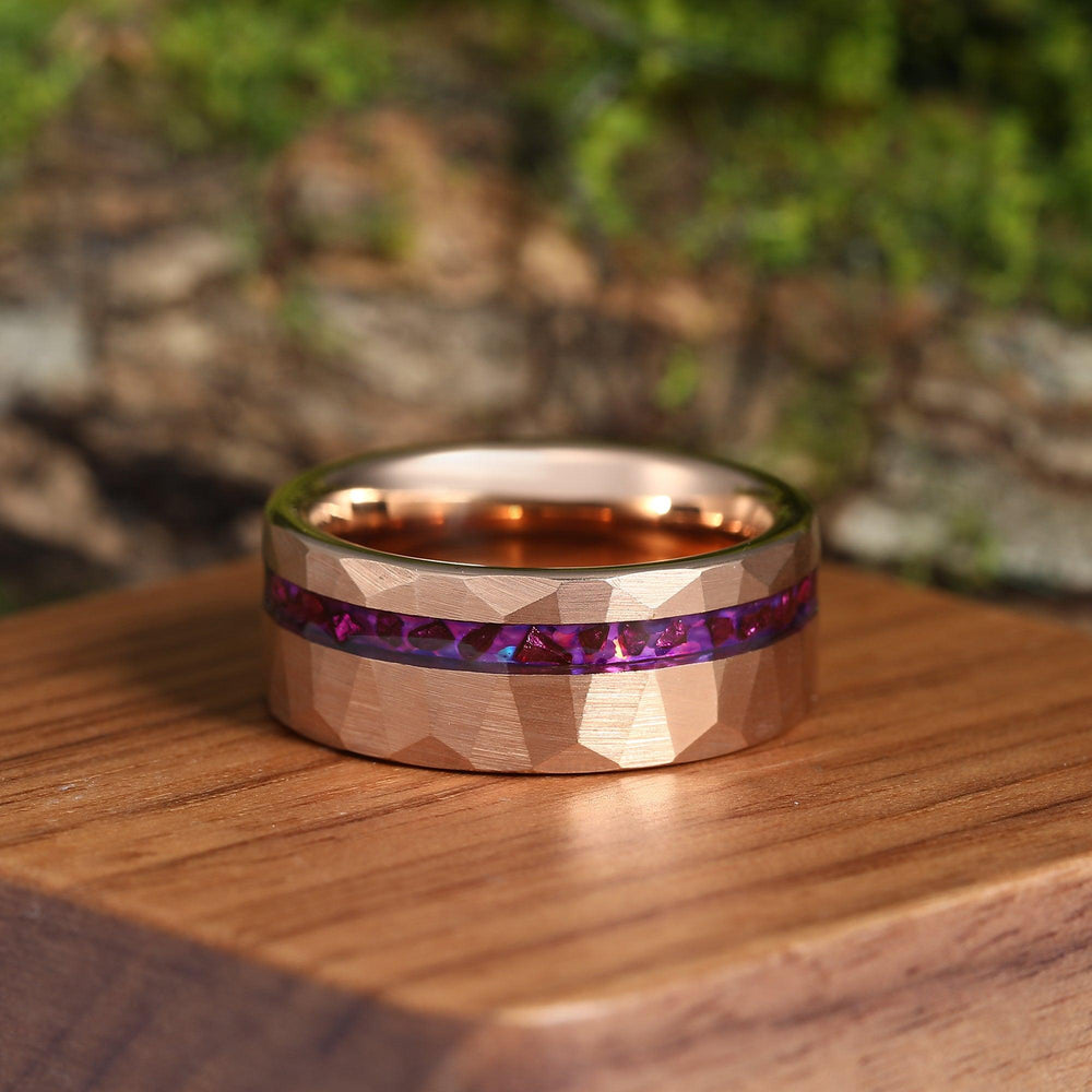 Natural Amethyst Tungsten Men’s Wedding Ring 8mm Hammer Rose Gold Ring For Birthday Gift - Esdomera