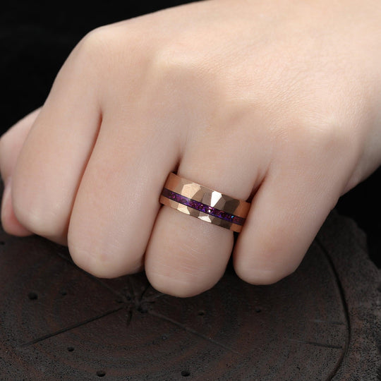 Natural Amethyst Tungsten Men’s Wedding Ring 8mm Hammer Rose Gold Ring For Birthday Gift - Esdomera