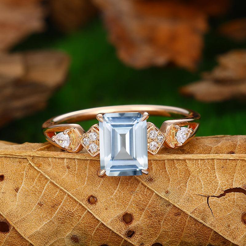 Natural Aquamarine Emerald Cut 14k Gold Half Eternity Anniversary gift ring - Esdomera