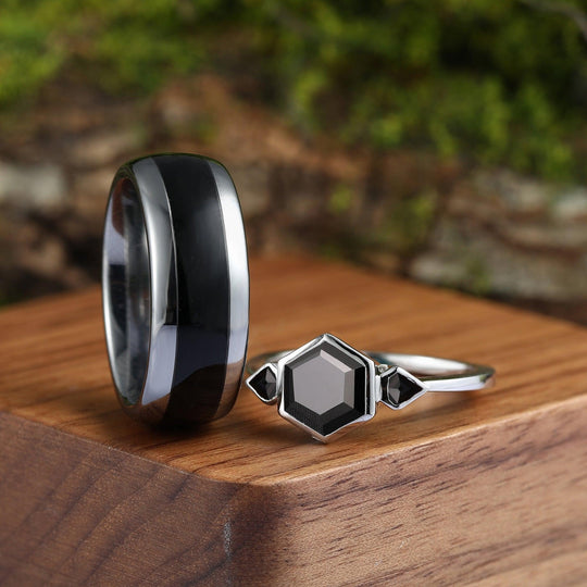 Natural Black Onyx Couples Ring Set His Black Tungsten and Her Black 925 Silver Hexagon Cut 3 Stones Onyx - Esdomera