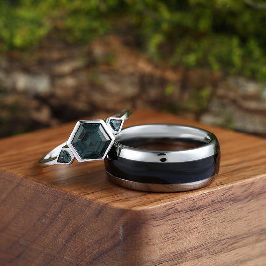 Natural Black Onyx His Tungsten Ring Her Hexagon Cut Sliver Teal Sapphire Couples Ring Set - Esdomera
