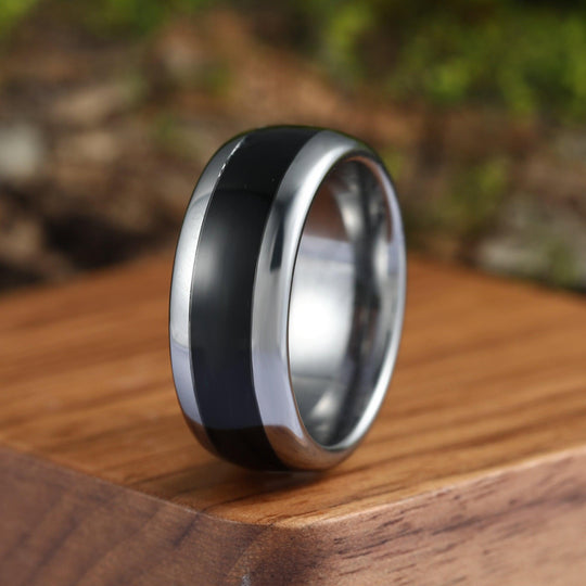 Natural Black Onyx His Tungsten Ring Her Hexagon Cut Sliver Teal Sapphire Couples Ring Set - Esdomera
